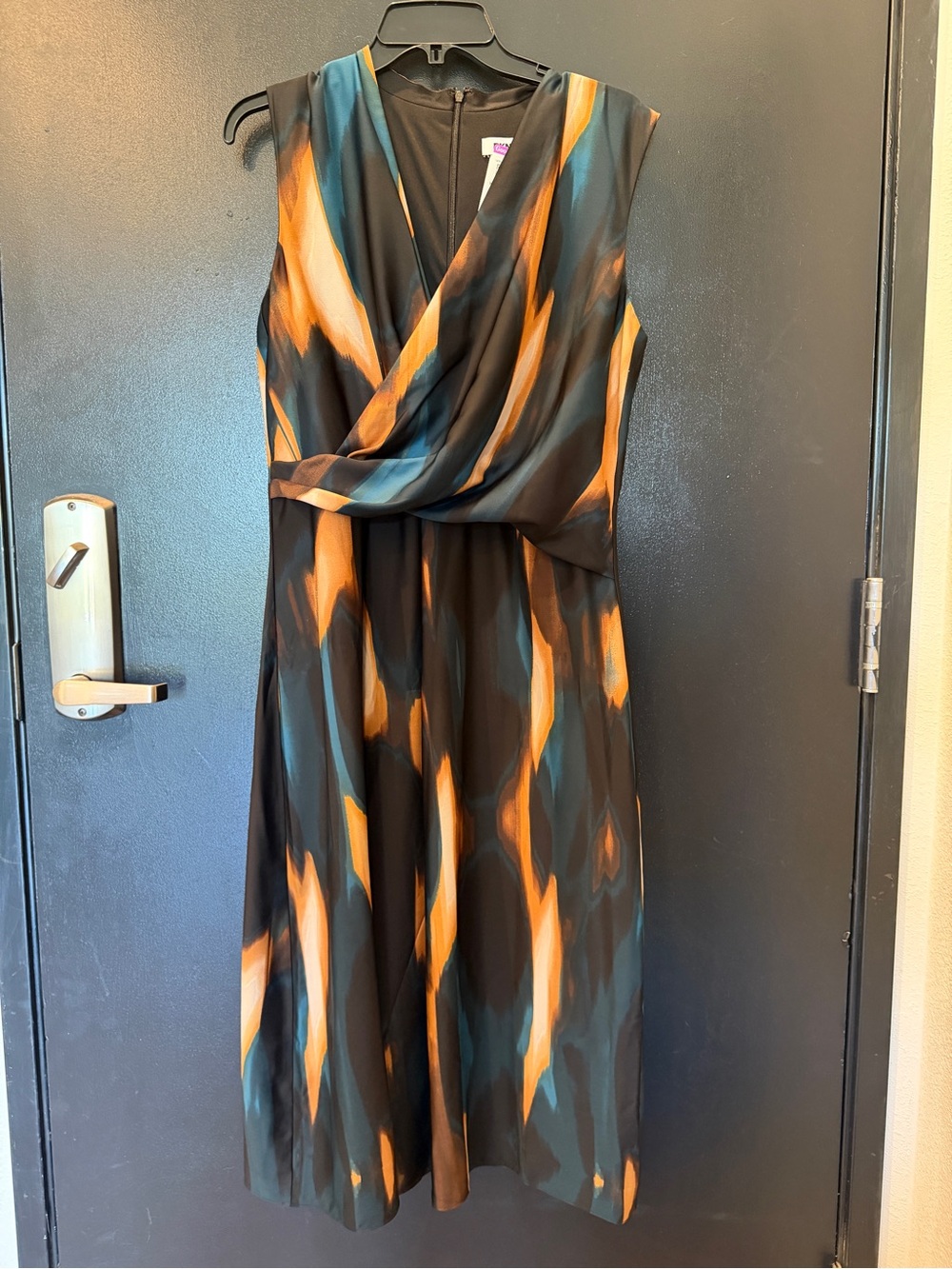 DKNY Black Midi Dress with Orange & Teal Brushstroke Print